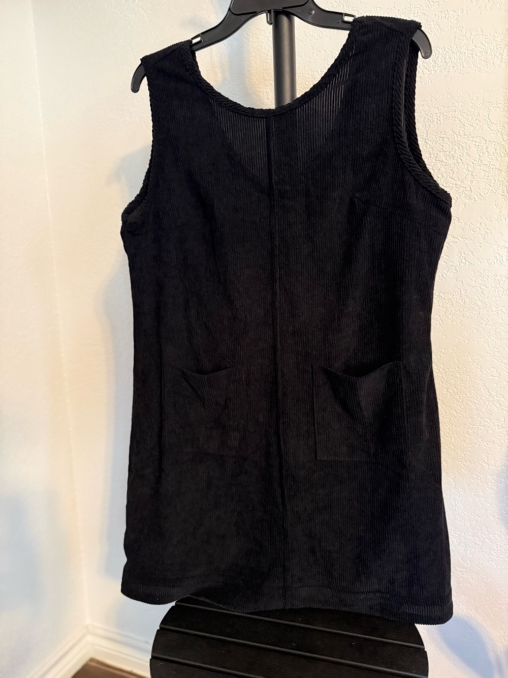 Black Corduroy Sleeveless Shift Dress with Front Pockets